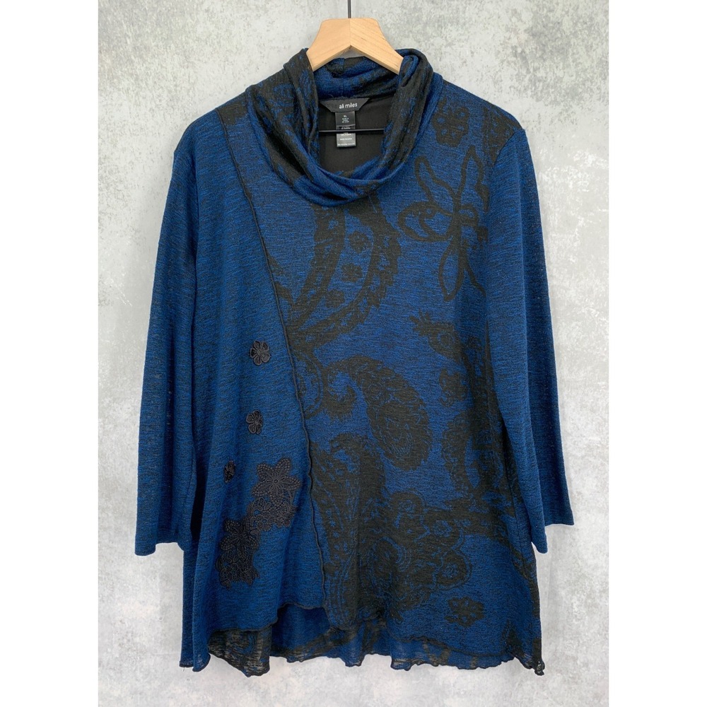 Ali Miles Shirt Womens XL Blue Black Tunic Top Cowl Neck Paisley Floral Fall
